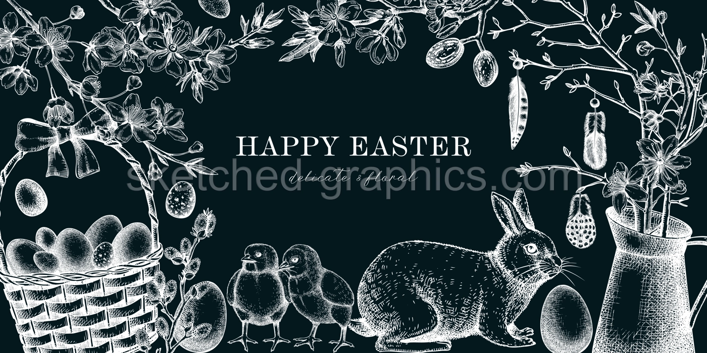 Easter frame design with cute characters and spring decor elements. Hand drawn bunnies, eggs, chickens, flowers and flowering trees background. Vector template with Holiday sketches on chalkboard Illustration